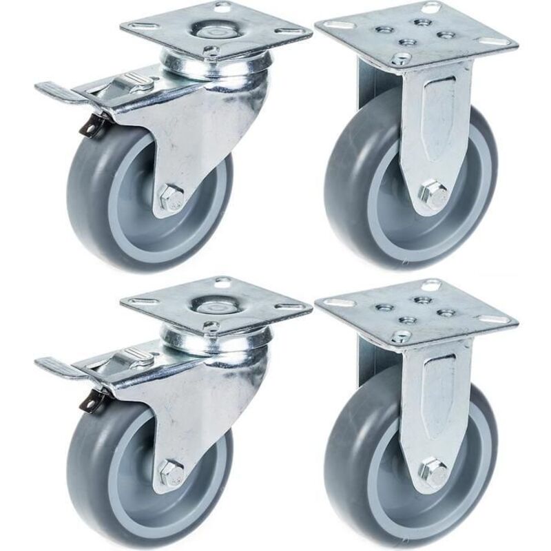 Wheels - ZHONGSHAN - 75 mm - Gray rubber - Brake - Fixed - Set of 4