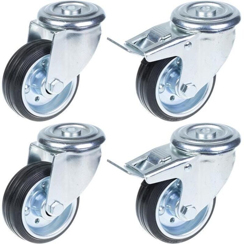Wheels - ZHONGSHAN - 80 mm - Black rubber - Pack of 4 - Swivel with brake