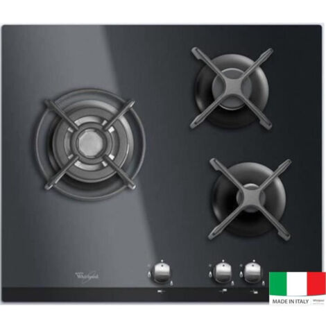 Whirlpool – Plaque de cuisson gaz 3 foyers – Puissance 6350W – Dimensions L59 x P51cm – Verre trempé noir – Allumage une main