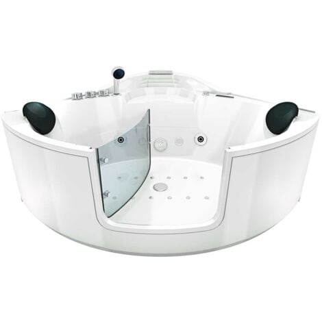 Whirlpool Pool Badewanne Eckwanne Wanne W60-SC 140x140cm mit Tür Walk-in-Pool aktive Schlauch-Reinigung