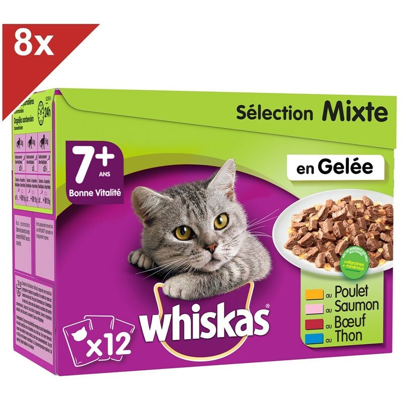 96 Sachets fraîcheur en gelée sélection mixte chat senior 100g (8x12) - Whiskas