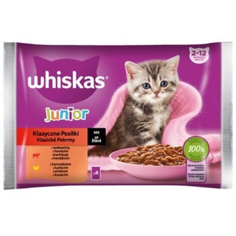 Whiskas Junior 2-12 Monate Klassische Mahlzeiten Rindfleisch- und Hühnersauce 340 g (4x85 g)