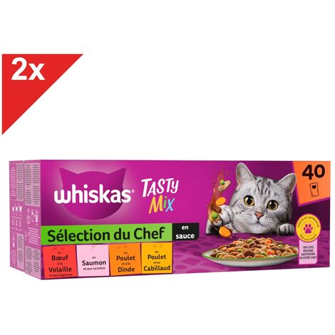 WHISKAS Tasty Mix 80 Sachets fraîcheur en sauce 4 variétés pour chat 85g (2x40g)