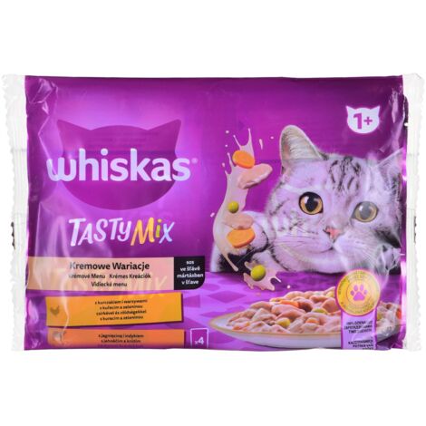 Whiskas Tasty Mix Creamy Variations 1+ Sauce mit Hähnchen und Gemüse und mit Lamm und Pute 340 g (4x85 g)