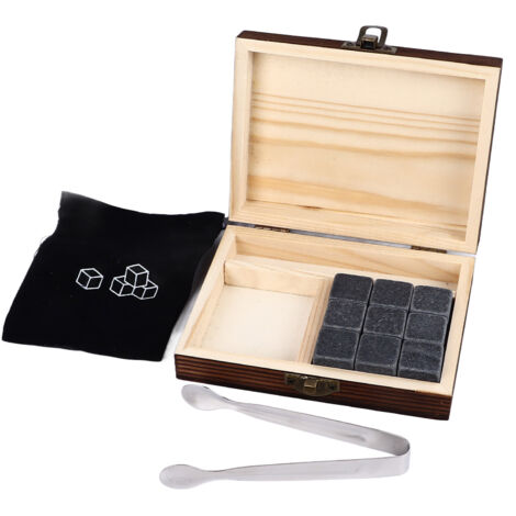 Whisky-Steine aus Granit, wiederverwendbare Kühlwürfel für schnelles Abkühlen, inklusive Kiefernholzkiste.