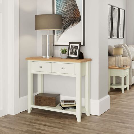 White 2 Drawer Console Side Hallway Table Storage Unit Two Tone Oak Top Finish