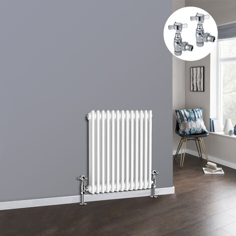 White 3 Column Traditional Cast Iron Style Radiator with Chrome Angled Cross Head Manual Valves