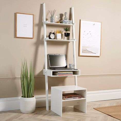 main image of "White 3 Tier Ladder Desk Unit Home Office Shelving Storage with Stool Included"