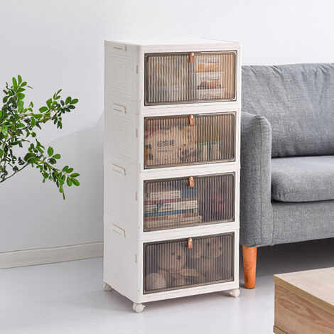 White 4 Tier Foldable Storage Cabinet with Wheels