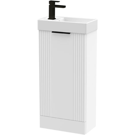 White 400mm Floor Standing Cloakroom Vanity Basin Unit with Black Handle Compact Bathroom Storage