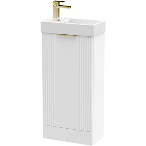 White 400mm Floor Standing Cloakroom Vanity Basin Unit with Brushed Brass Handle Compact Bathroom Storage