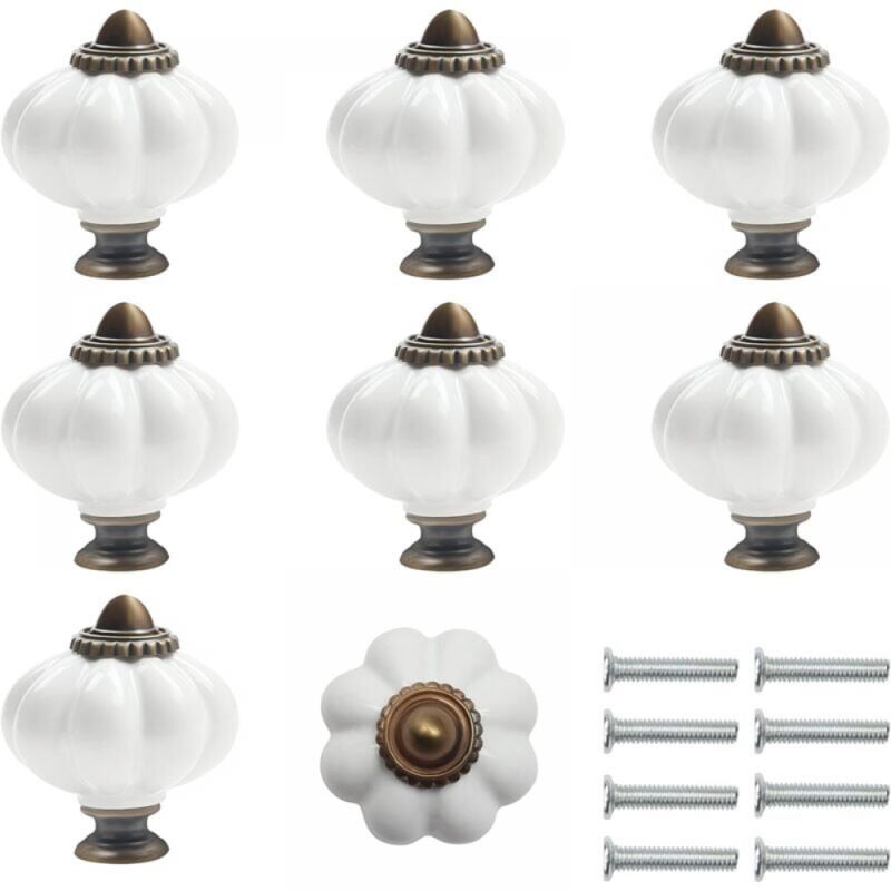 White and Bronze Ceramic Cabinet Handles with Pumpkin Screws (8 Pack) - Vintage Round Furniture Handles