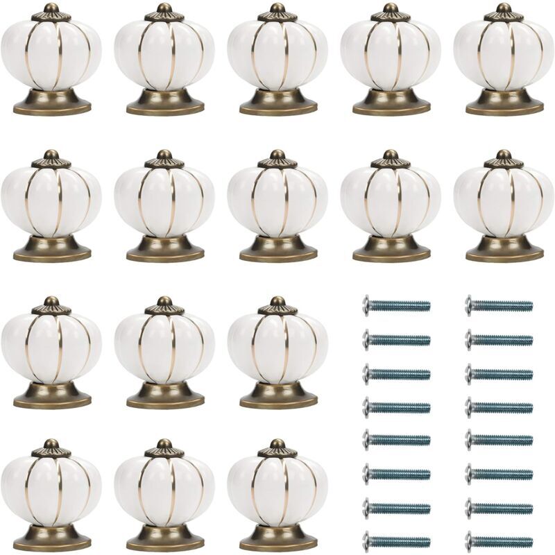 White and Gold Ceramic Cabinet Knob with Pumpkin Screws (Pack of 16) - 3.6 x 3.8 cm - Vintage Round Cabinet Knob - for Home, Office, Kitchen Cabinet,