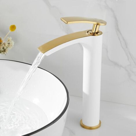 White and gold waterfall faucet for washbasin, modern design hot and cold bathroom mixer tap