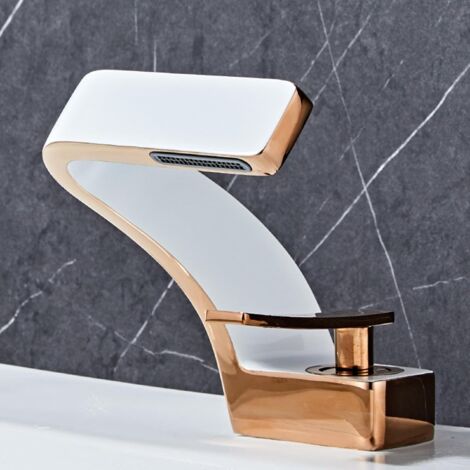 White and rose gold basin mixer tap, single handle with modern design waterfall spout