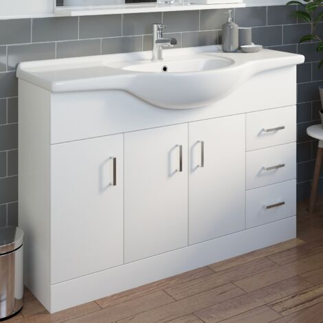 White Bathroom Vanity Unit & Single Tap hole Basin Sink Storage Floorstanding 1200mm