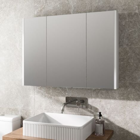 White Bathroom Wall Mirror Cabinet Modern Storage 900mm Three Door