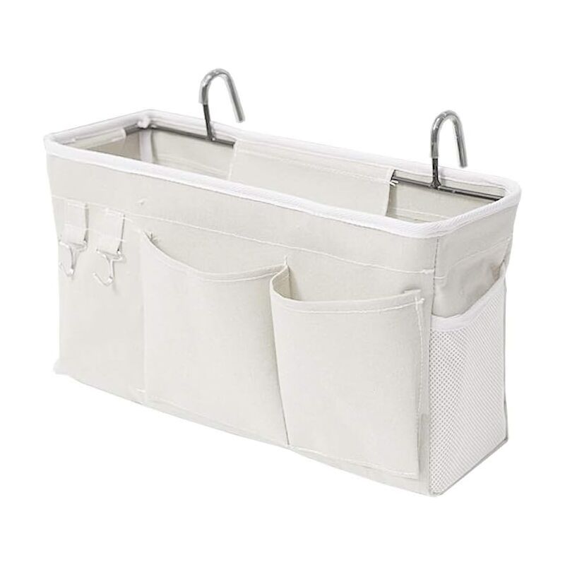 White, bed storage bag with borrow hook hanging bag bunk bed storage bag can store books, magazines, mobile phones, headphones bed storage