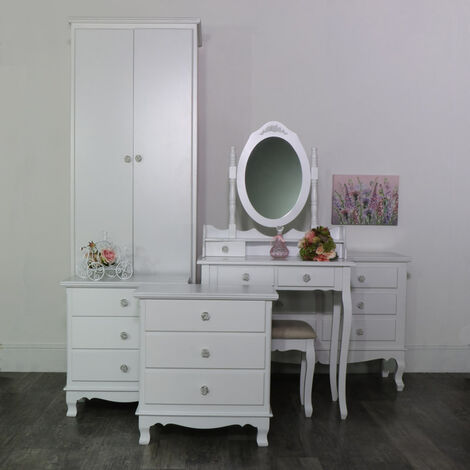 White Bedroom Set, Wardrobe, Dressing Table Set, Chest of Drawers and a Pair of Bedside Chests - Lila Range - White