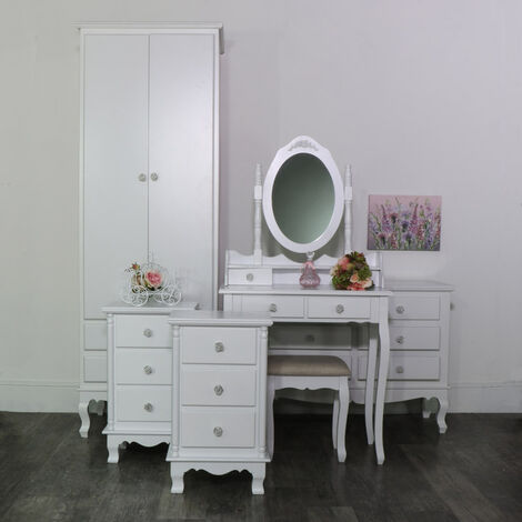 White Bedroom Set, Wardrobe, Dressing Table Set, Chest of Drawers and a Pair of Bedside Tables - Lila Range - White