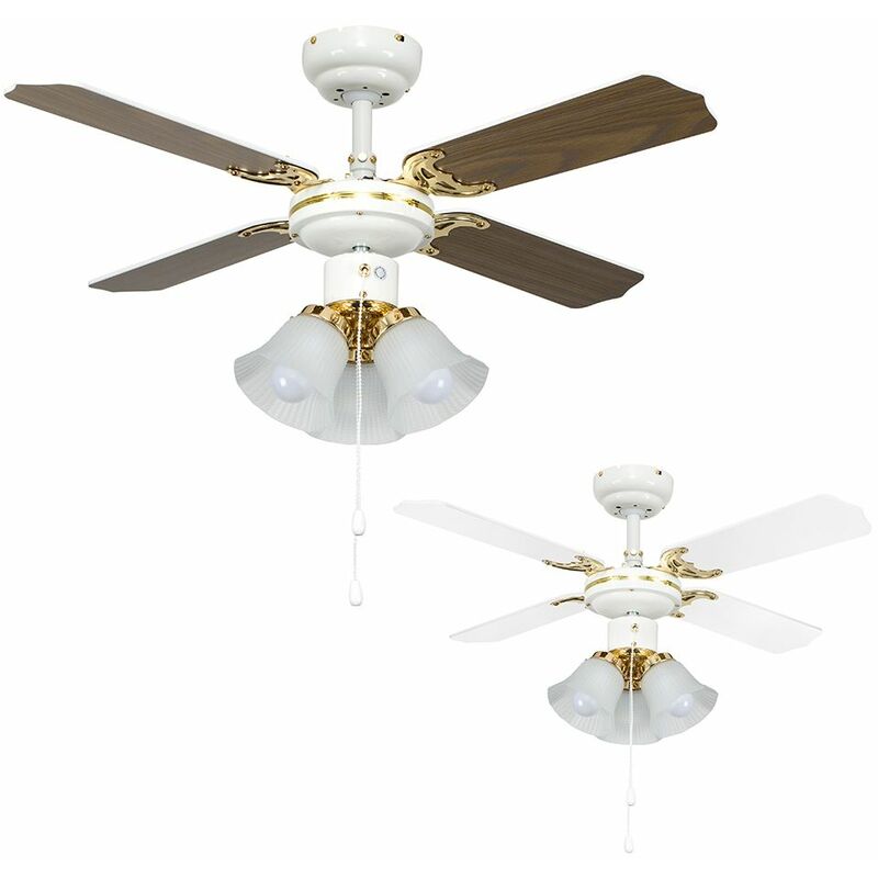 White Brass 36 Ceiling Fan 3 Lights Oak White Reversible Blades 3 X 4w Led Ses E14 Golfball Bulbs