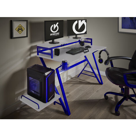 White Carbon Fibre Effect Gaming Desk with Blue Frame - White/Blue