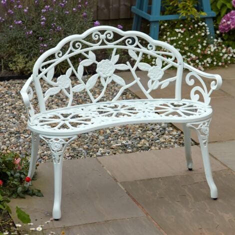 White Cast Aluminium Garden Bench Metal Frame 2 Seater Garden Patio Chair