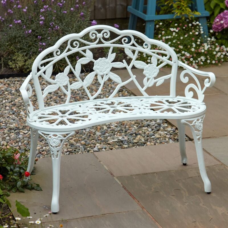 Home Source - White Cast Aluminium Garden Bench Metal Frame 2 Seater Garden Patio Chair