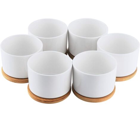 White Ceramic Succulent Pot Flower Pots Small Container Pot with Bamboo Tray(6pcs)
