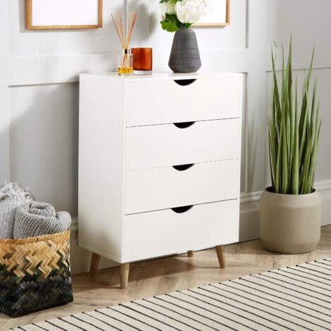 main image of "White Chest of 4 Drawers Bedroom Storage Solid Wood Legs Scandi Style"