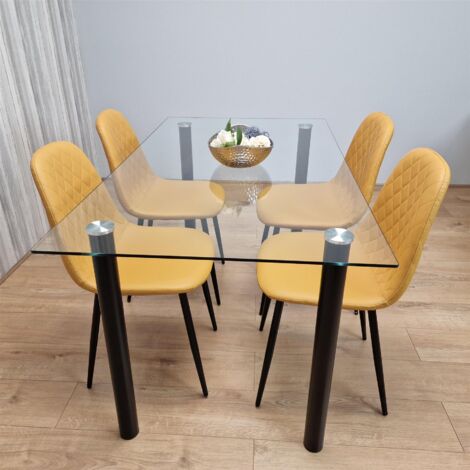 White Clear Glass Dining Table with 4 Chairs - Dining Kitchen Room Furniture