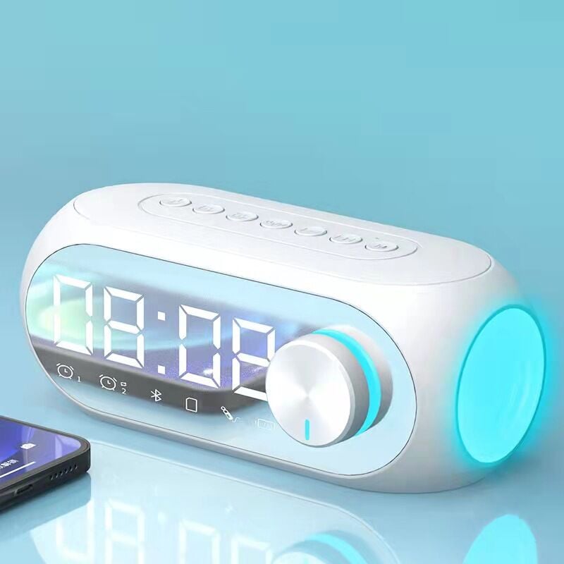 White Clock Mirror Wireless Bluetooth Speaker Button
