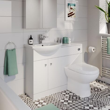 White Combination Vanity Unit Basin Sink Toilet Bathroom Furniture 1100mm Right Hand & Square Toilet Pan Matte