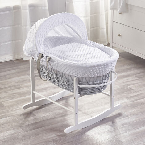 Pink Dimple White Wicker Moses Basket with Rocking Stand White, Quilt, Padded Liner, Body Surround & Adjustable Hood - Pink