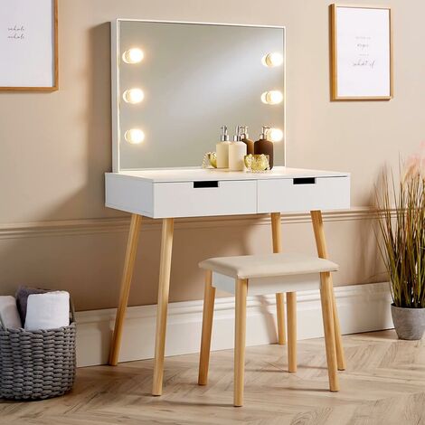 White Dressing Table 2 Drawer Vanity Set Mirror Light Makeup Desk Padded Stool