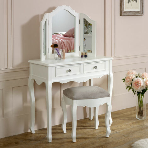 White Dressing Table, Mirror, Stool Set - Victoria Range - White
