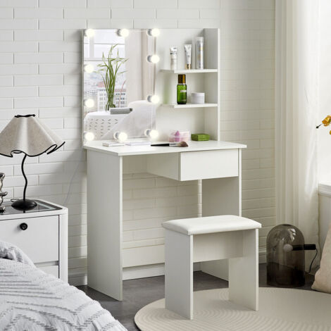 White Dressing Table Set with Mirror and Stool, Makeup Desk with LED Adjustable Lights 1 Drawer and Shelf Bedroom Dresser Vanity Table Set