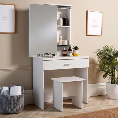 main image of "White Dressing Table Set With Sliding Storage Vanity Mirror and Stool"