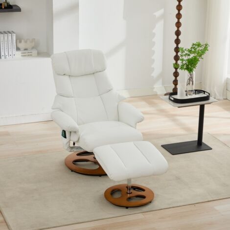 White Electric Massage Recliner Chair with Ottoman & Swivel - 5-Point Body Massager, PU Leather, Ergonomic Design for Living Room, Bedroom  Max Load 120kg
