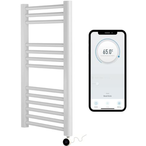 White  Electric Smart WiFi Controlled Heated Towel Rail 400mm W x 800mm H Straight  7 Day Programmable Timer App Compatibility White  Element