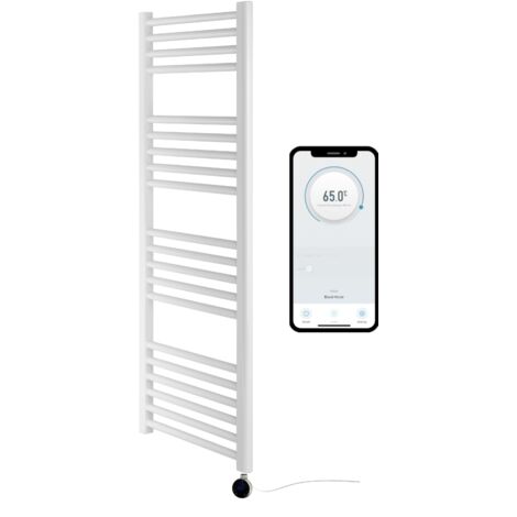 White Electric Smart WiFi Controlled Heated Towel Rail 500mm W x 1200mm H Flat 7 Day Programmable Timer App Compatibility Chrome Element