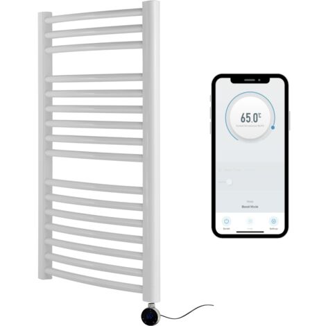 White Electric Smart WiFi Controlled Heated Towel Rail 500mm W x 800mm H Curved 7 Day Programmable Timer App Compatibility Chrome Element