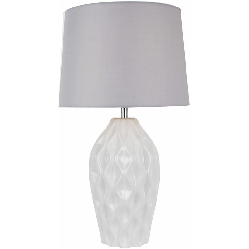 Textured White Gloss Glaze Ceramic Bedside Table Light with Grey Textured Cotton Fabric Shade