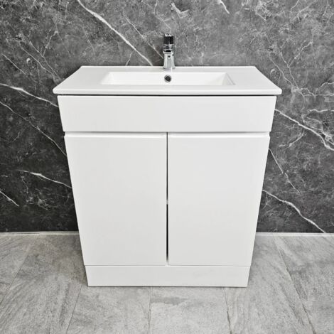 White Gloss 700mm Vanity Unit with Ceramic Basin Sink Emily Square, With Tap