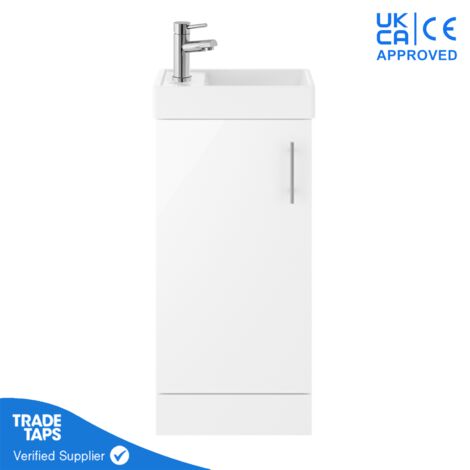 White Gloss Floor Standing Vanity Unit 400mm with Chrome Tap, Waste & Handle