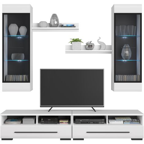 White Gloss Modern Living Room Furniture Set LED Wall Unit TV Cabinets Fever 3 - White / White High Gloss