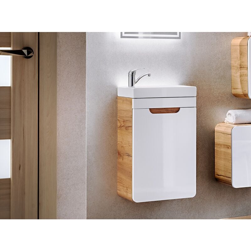400 Vanity Unit Bathroom Cloakroom 40cm Sink Wall Small Cabinet White Gloss Oak Arub - White Gloss / Oak