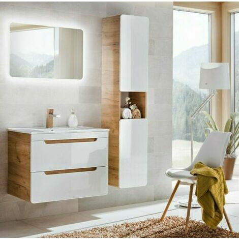 White Gloss Oak Wall Set: 80cm Compact Vanity Unit with Sink + Tall Cabinet Arub - Oak Wotan / White Gloss