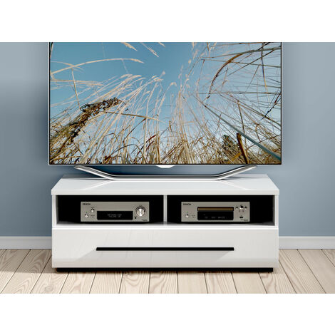 White Gloss TV Cabinet Unit Entertainment Stand Drawer 100 cm Black Accent Fever - White / White High Gloss