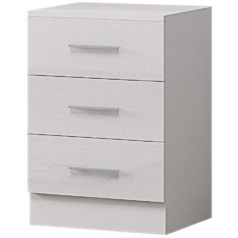 White High Gloss 3 Drawer Tall Bedside Cabinet.Matt White Frame. - White